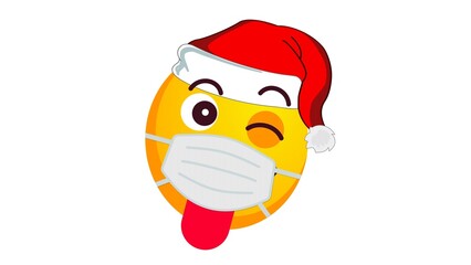 Yellow emoji ball showing tongue and winking in santa claus hat and medical mask on white background. Winter holidays emoticon during Covid19 epidemic. Social media reaction icon.