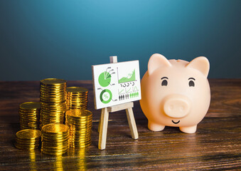 Pig piggy bank proudly presenting good money saving results. Financial literacy, asset management....