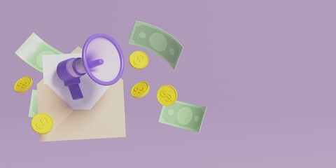 Megaphone, cash, on a pastel background. The concept of online message about earnings. 3d render