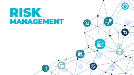 Risk management vector illustration. Concept with icons related to risk analysis or risk assessment and identification in business, in a company or in finance. - obrazy, fototapety, plakaty