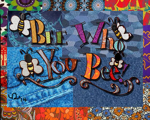 Bee who you bee inspirational quote denim fabric collage