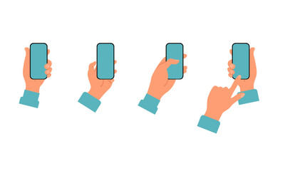 Hands in different positions holding the phone. Set of illustrations. Flat style. Vector.