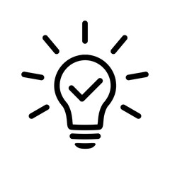 Light bulb with tick icon in flat style. Lightbulb with check, successful idea symbol isolated on white. Simple abstract thin line icon in black. Vector illustration for graphic design, Web, UI, app.