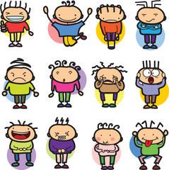 Happy children doodle set. Funny small kids play, run and jump. Set of elements in childish doodle style. Hand drawn illustration