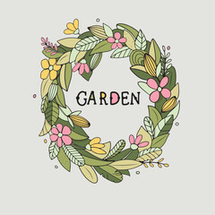 floral wreath with leaves and flowers, garden text, circle vector illustration