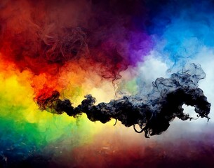Dramatische schwarze Rauchwolke vor bunten Regenbogenwolken, made by künstlicher Intelligenz, AI