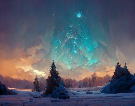 Nächtliche Winterlandschaft mit Schnee, Wald und Sternenhimmel, made by AI, künstliche Intelligenz