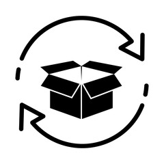 Free product return icon. Cargo box with arrows solid icon. Exchange goods symbol. Package tracking sign. Parcel box inside circle arrow. Package return vector sign on white, Distribution Vector illus