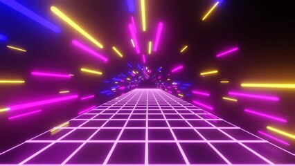 3D animation of a futuristic sci-fi hallway with bright neon lights