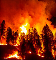 Forest fire at night on a hill.  red and orange color wildfire, burning tree.