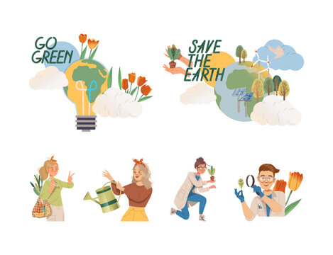 Save the Earth. People taking care of Earth, using eco bag and gardening set vector illustration