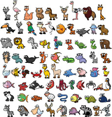 Big bundle of funny domestic and wild animals, marine mammals, reptiles, birds and fish. Collection of cute cartoon characters isolated on white background. Vector illustration in flat style.