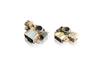 Front and back of old rectifier automotive alternator with trouble , object isolated with clipping path on white background