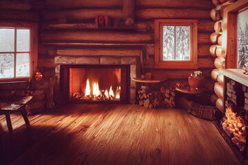 Fototapeta na wymiar the warm environment inside a cabin in the winter with a fireplace and wooden structure 3D illustration