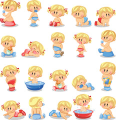Set with cute little baby in different situations. Playing, sleeping, sitting, lying, crawling baby. Happy smiling newborn boy or girl.