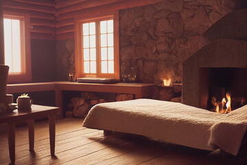 Fototapeta premium the warm environment inside a cabin in the winter with a fireplace and wooden structure 3D illustration