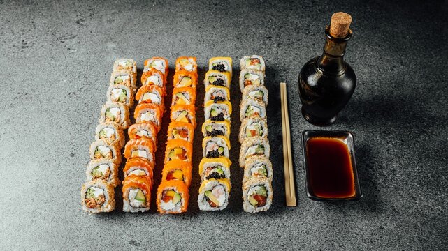 Set of delicious fresh sushi rolls, chopsticks, and soy sauce on a  gray surface
