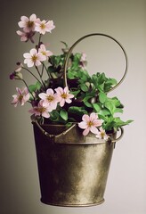 Silver metal bucket with flowers inside, floral arrangement
