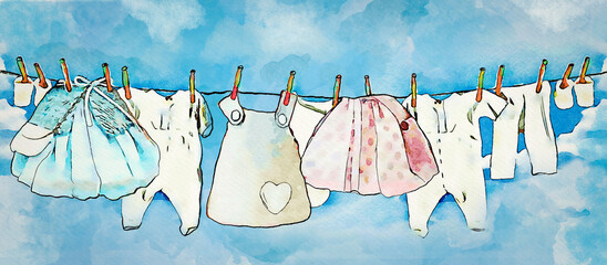 Baby clothes on the clothesline. Baby boom watercolor concept. © pronoia