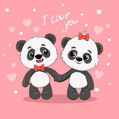 Two cartoon cute pandas hold hands isolated on a pink background. Love greeting card for Valentines day.Panda with hearts.