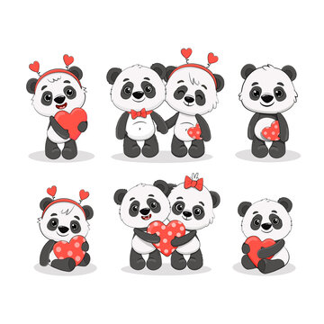 Set of cute cartoon pandas isolated on white.Panda with heart for your design Valentine's Day, birthday, Mother's Day, wedding.