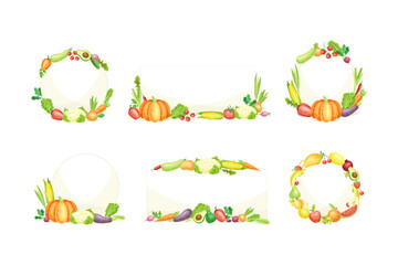 Vegetables frames and borders set. Vegetarian menu, fresh organic natural food shop design cartoon vector illustration