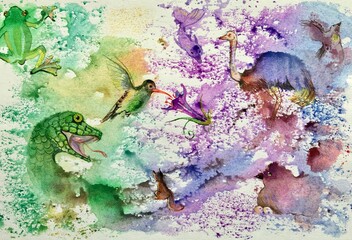 Monotype technique. Abstract background. Watercolor animals.
