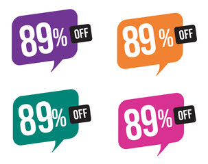  89 percent discount. purple, orange, green and pink balloons for promotions and offers. Vector Illustration on white background.