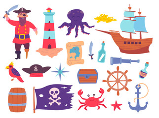 Fototapeta na wymiar Cartoon Color Baby Pirate Icons Set Concept Flat Design Style Include of Ship, Bottle and Map. Vector illustration