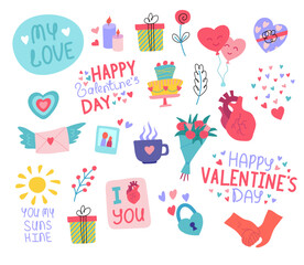 Cartoon Color Different Cute Valentines Day Labels Badges Stickers Set Romantic Concept Flat Design Style. Vector illustration