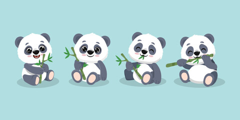 set of cute cartoon panda with bamboo isolated on blue background.Illustration in flat style.Vector
