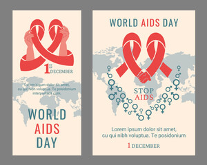 World AIDS day poster, flyer. People holding red ribbon as symbol of the AIDS control. Support for hiv infected people. World map with gender signs, lettering. Vector illustration - obrazy, fototapety, plakaty