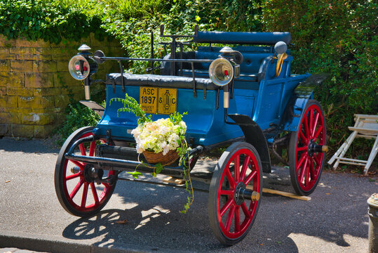 BADEN BADEN, GERMANY - JULY 2022: blue 1897 Malicet Blin 4CV Vis-a-vis, oldtimer meeting in Kurpark