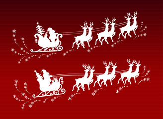 Santa Claus and gifts in sleigh with reindeer.