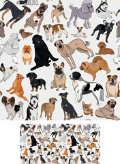 Seamless dog pattern, holiday texture. Bulldog, poodle,husky,chow.Silhouettes, packaging, textile, textile, fabric, decoration, wrapping paper. Trendy hand-drawn different breeds wallpaper. Many dogs.
