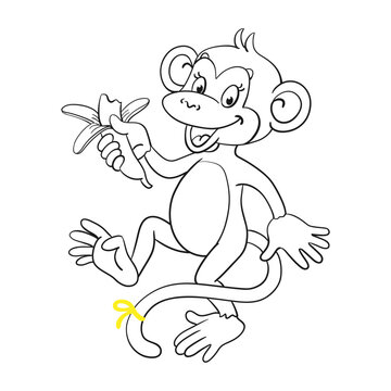 Happy monkey dancing with a banana in his hand. Black and white picture with yellow accent. In cartoon style. Isolated on white background. Vector illustration for coloring book. 