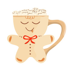 Christmas mug of beverage with marshmallow. Winter hot drinks. Christmas beverage. Cocoa mug with cream. Coffee mug. Hot chocolate. For restaurant, bar, menu. Vector illustration.