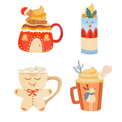 Christmas mugs set. Mugs of cacao with whipped cream, marshmallow, candy cane, cinnamon. Winter hot drinks. Christmas beverages collection. Coffee mug, tea, hot chocolate. Vector illustration.