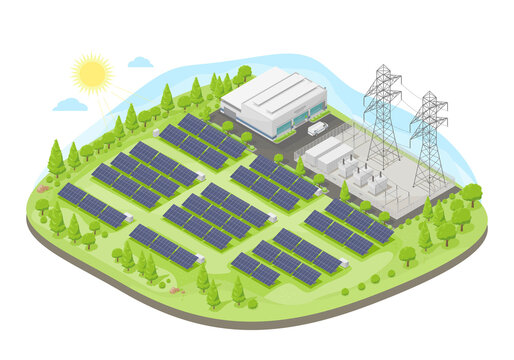 solar farm power plant with solar cell green energy ecology powerhouse concept electricity in nature isometric vector isolated