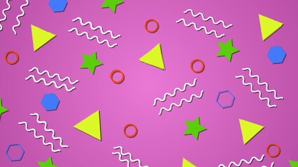 Background with color geometric shapes pattern in retro, memphis 80s - 90s style. Vintage geometric background for screensaver, wallpaper or presentation. Festive print for holiday, birthday, party.
