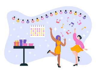 Vector, flat style. Girls dancing, party, party, dancing, music. Feminism. Latin Americans and Africans. Gifts, fireworks.