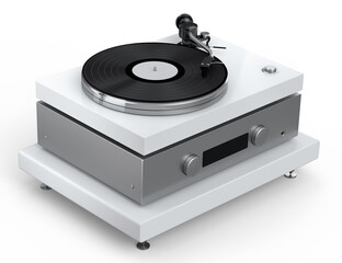 Fototapeta premium Vinyl record player or DJ turntable with retro vinyl disk on white background.