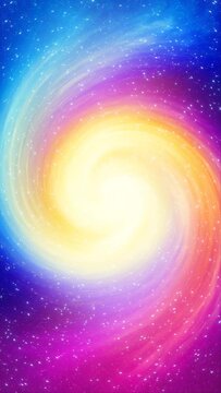 Background of a bright multicolored energy spiral in a space environment with stars or light particles that rotate in a circular pattern around the center of the scene. Looping video. 3d Rendering