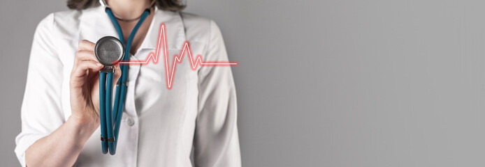 Heart ecg concept. Heartbeat line and doctor check-up on medical banner, background with copy space...
