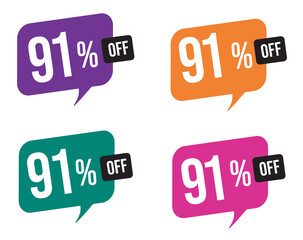 91 percent discount. purple, orange, green and pink balloons for promotions and offers. Vector Illustration on white background.
