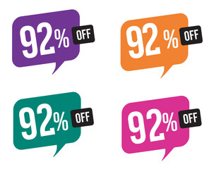 92 percent discount. purple, orange, green and pink balloons for promotions and offers. Vector Illustration on white background