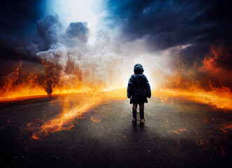 The road to hell. Child walking post-apocalyptic landscape road. Armageddon concept.