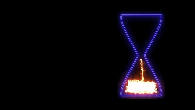 Animation Hourglass cornflower blue contour glowing neon sand on a black background. Computer graphics