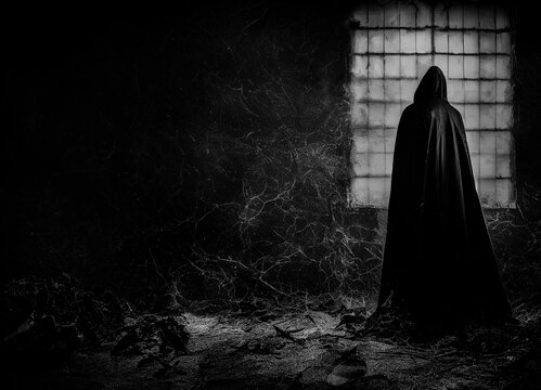 Scary background with dark priest residing over black magick ritual