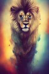 This is an artistic, colored, abstract portrait of a lion, with watercolor splashes in the style of pop art.